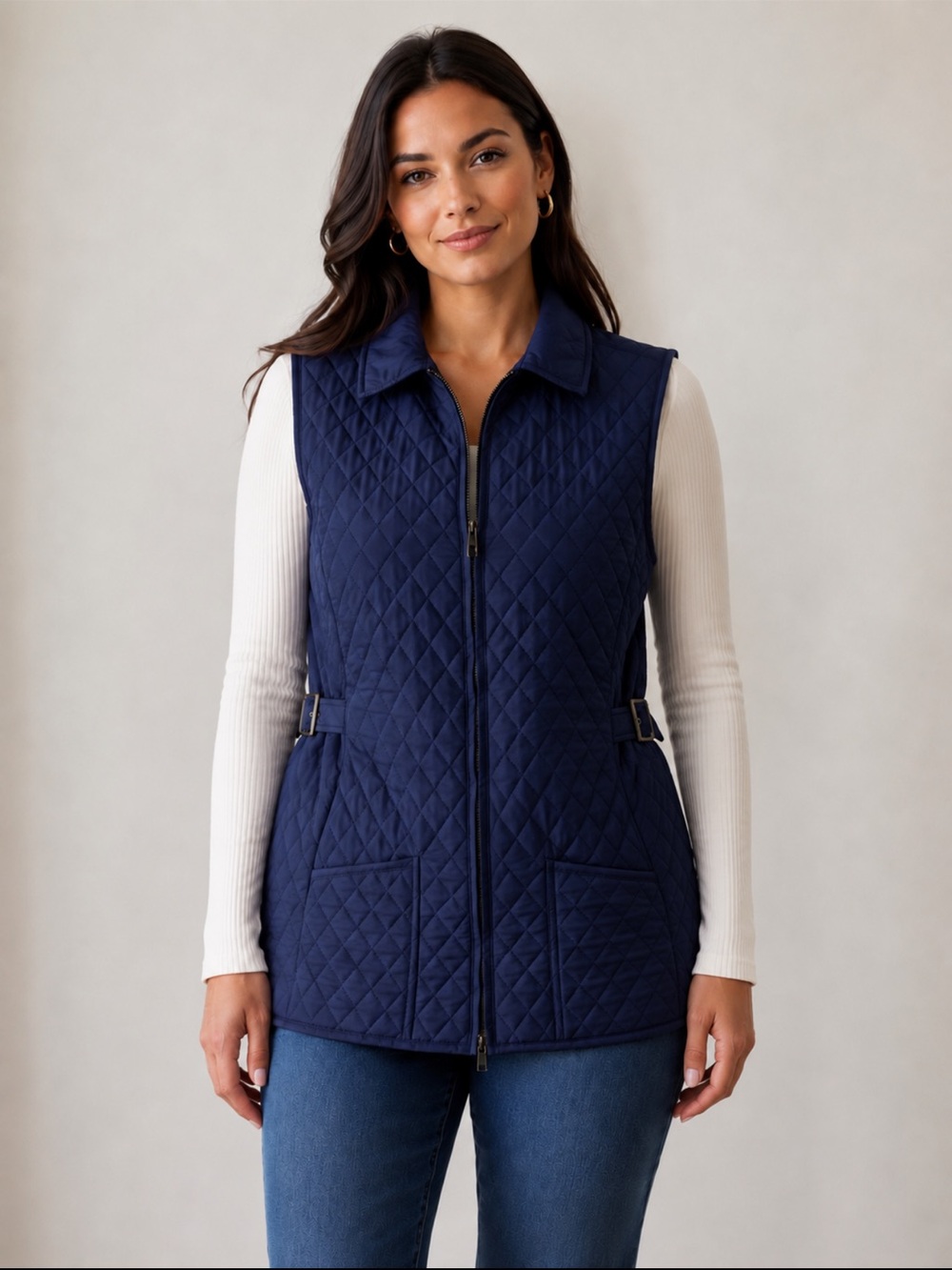 Peck & Peck Navy Quilted Zip-Front Vest with Collar - Size Small
